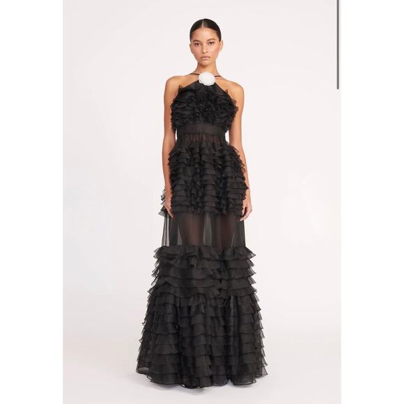 STAUD Florian Black Chiffon Dress With Rose Detail - Picture 3 of 9